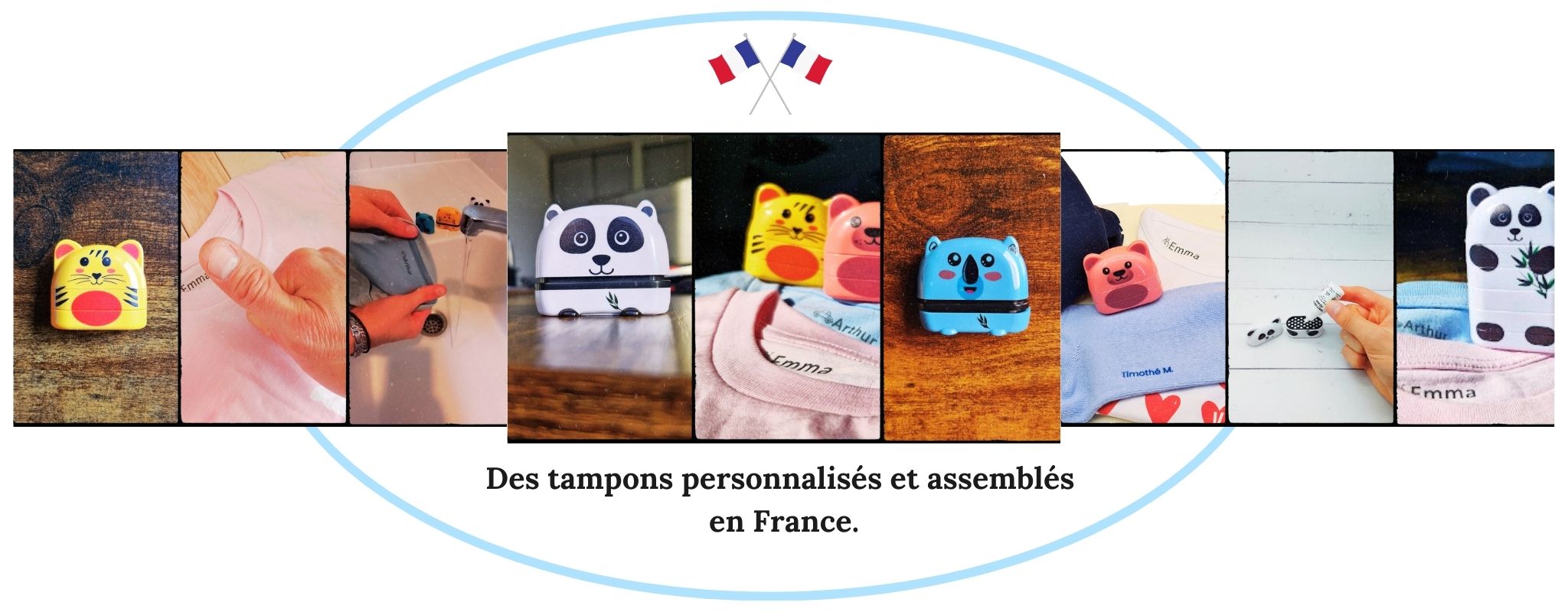 Tampon encreur personnalisé assemblé en France – Un outil pratique pour identifier les vêtements et objets rapidement.